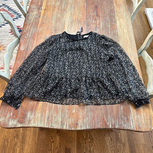 LOFT Black Floral Metallic Shimmer Peplum Blouse M- Long Sleeve Keyhole Back